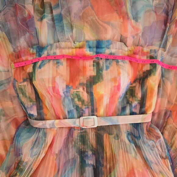 Hutch Coral Multi Swirl Strapless Pleated Fit Flare  Belted Midi Dress Sz 14 - Picture 7 of 12